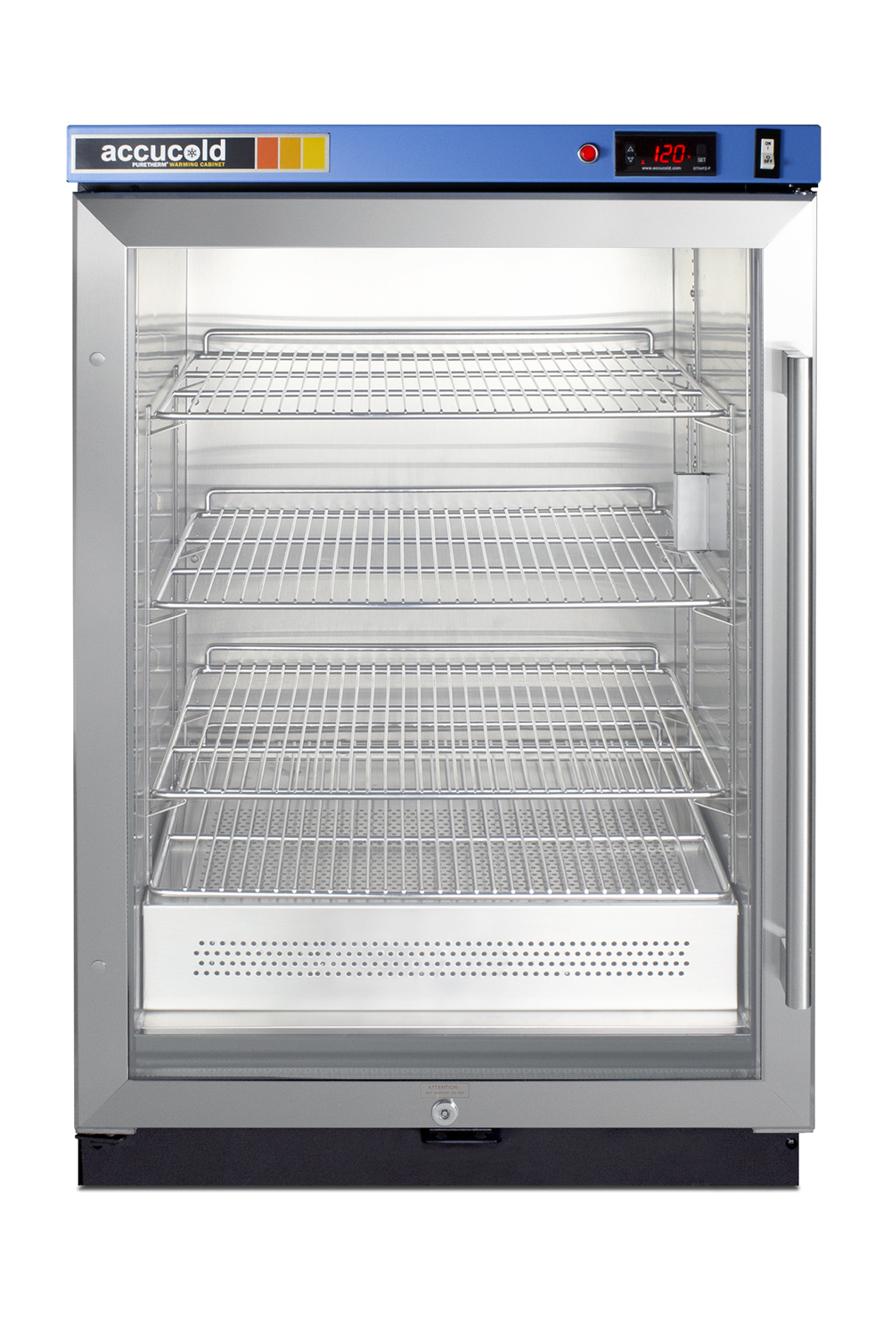 Single chamber passive heating blanket warmer with glass door, stainless steel interior and exterior, digital thermostat, and lock